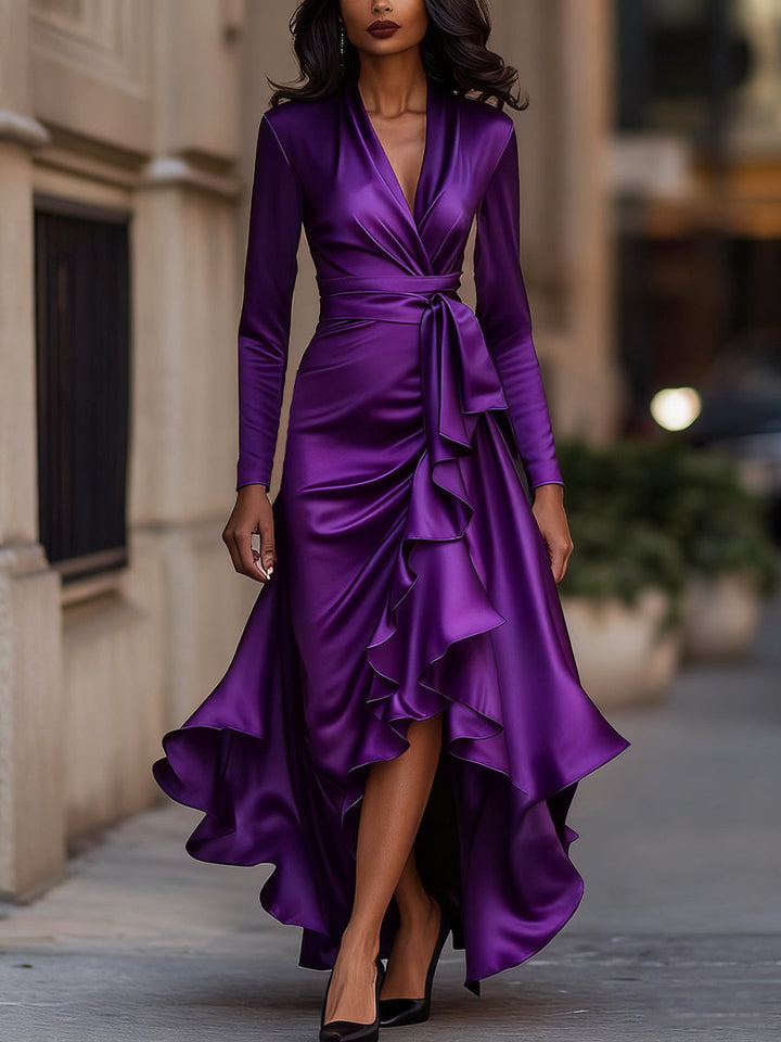 Olivia Bennet | Midnight Blue Draped Satin Maxi Dress With Ruffle Details