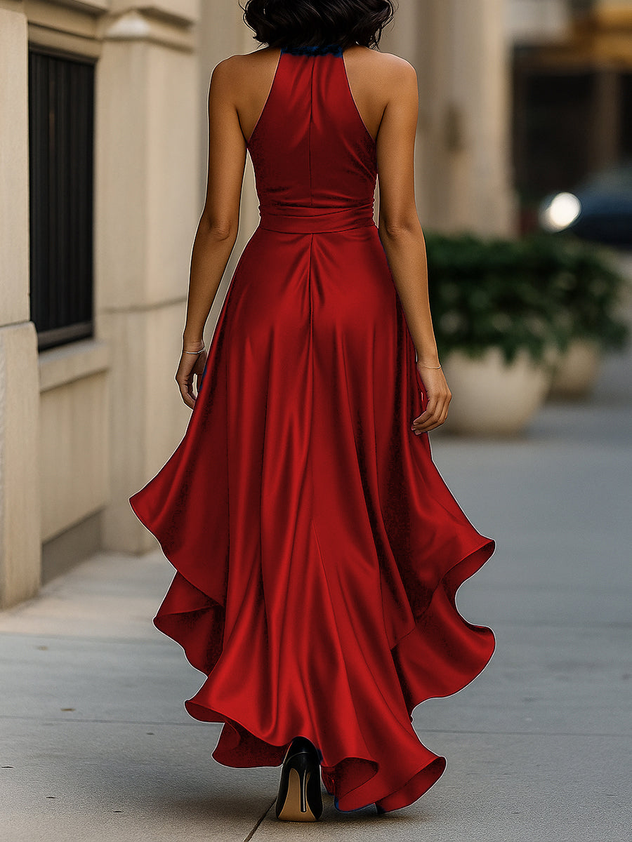 Olivia Bennet | Midnight Elegance Satin Halter Ruffle Gown