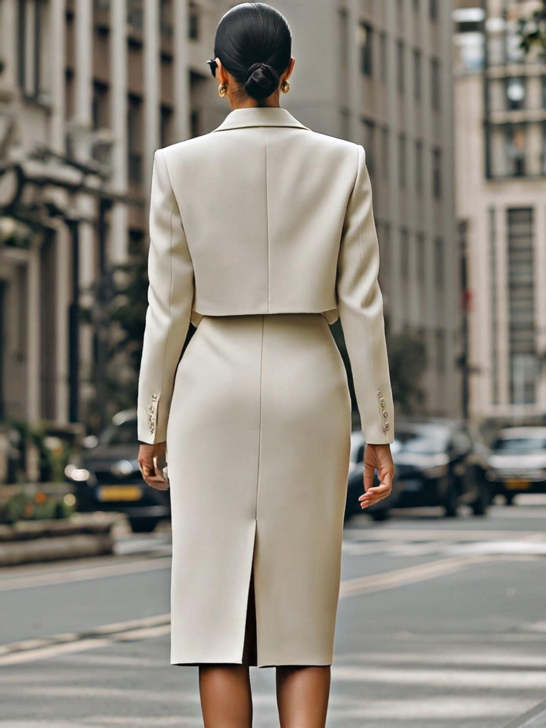 Olivia Bennet | Cream Cropped Blazer And High-Waisted Pencil Skirt Set With Belt