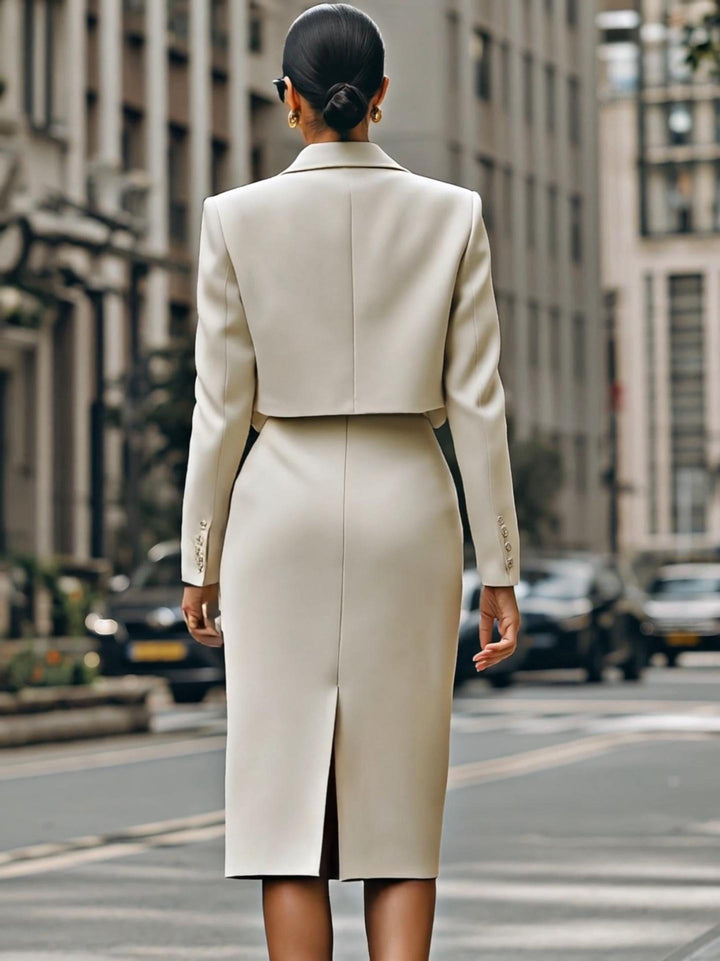 Olivia Bennet | Cream Cropped Blazer And High-Waisted Pencil Skirt Set With Belt