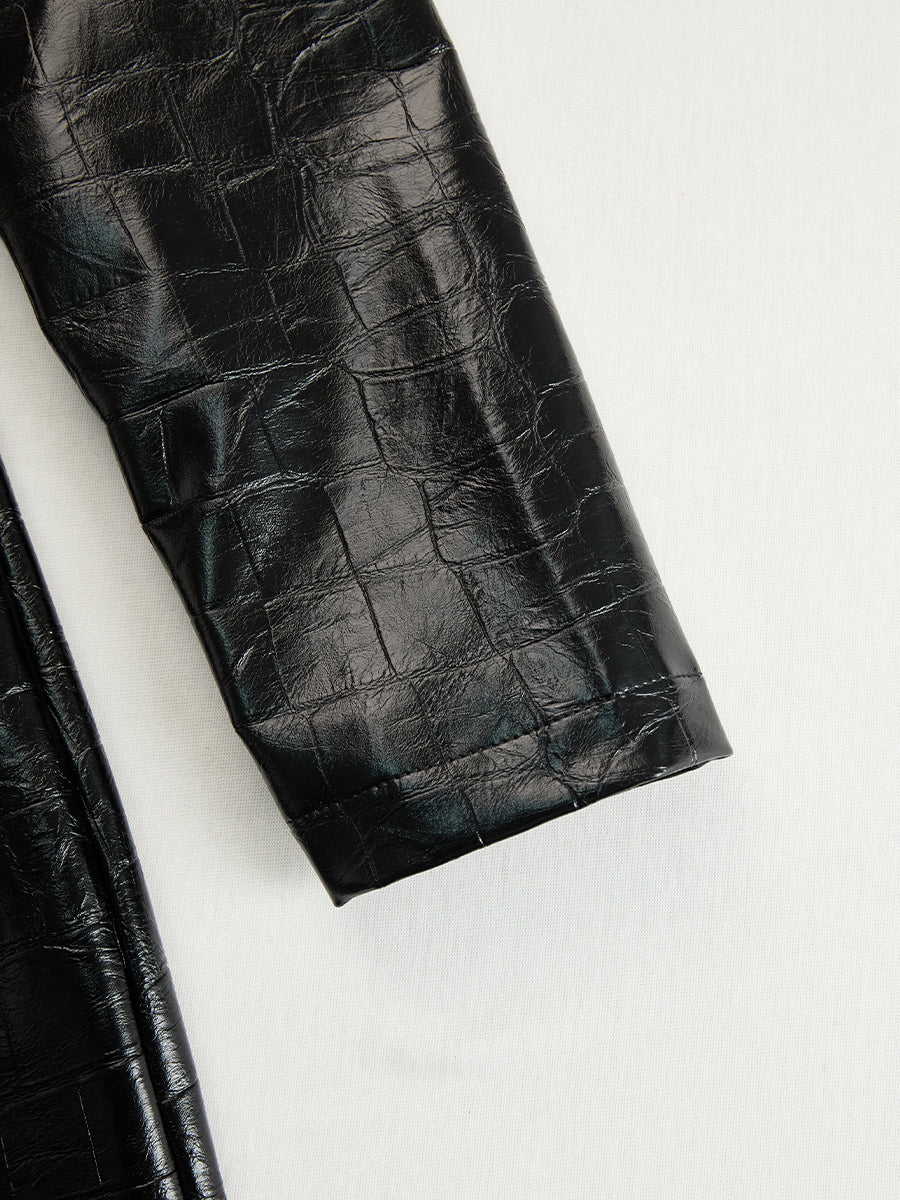 Olivia Bennet | Black Croc-Embossed Zip-Front Faux Leather Midi Dress