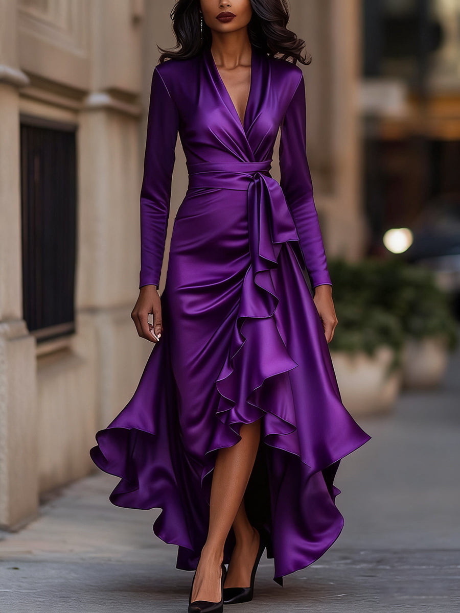 Olivia Bennet | Midnight Blue Draped Ruffled Satin Maxi Dress