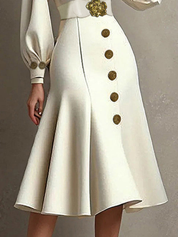 Olivia Bennet | Loose Puff Sleeves Pleated Split-Joint Tied Waist V-Neck Midi Dresses