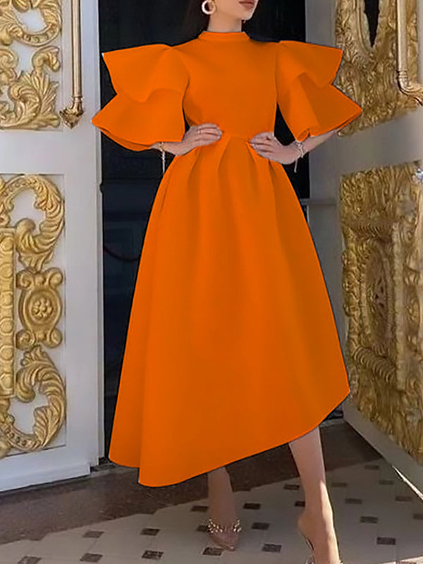 Olivia Bennet | Original Loose Half Sleeves Falbala Solid Color Round-Neck Midi Dresses