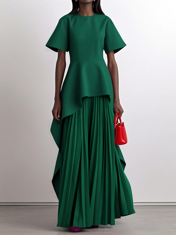 Olivia Bennet | A-Line High Waisted Pleated Solid Color Split-Joint Round-Neck Maxi Dresses