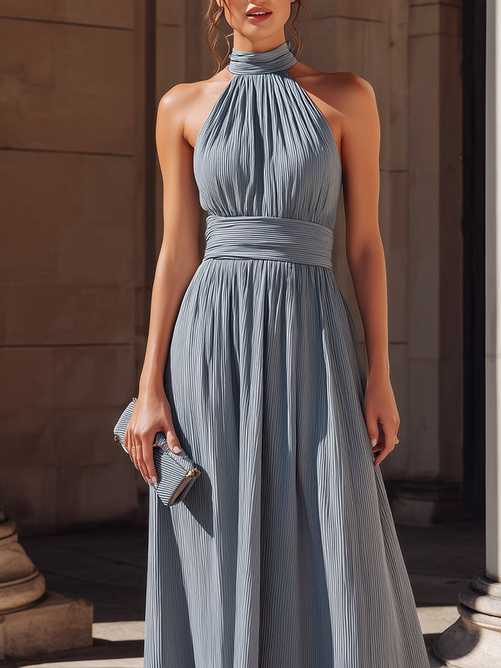Olivia Bennet | Pleated Halter-Neck A-Line Maxi Dress