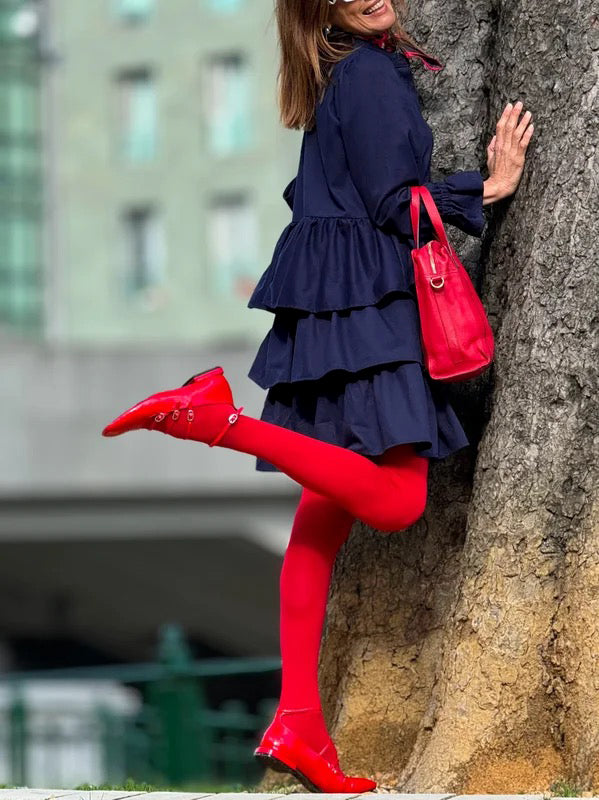 Olivia Bennet | Flared Sleeves Long Sleeves Buttoned Elasticity Layered Solid Color V-Neck Mini Dresses