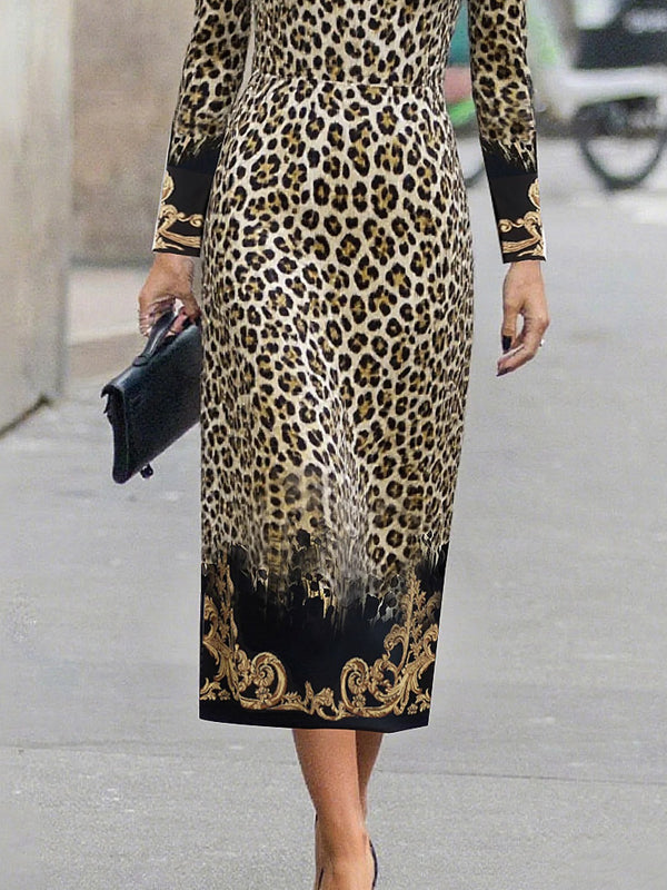 Olivia Bennet | High Waisted Long Sleeves Contrast Color Leopard Printed Split-Joint Round-Neck Maxi Dresses
