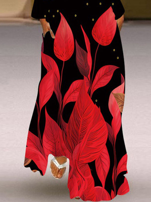 Olivia Bennet | Long Sleeves Loose Contrast Color Printed Split-Joint V-Neck Maxi Dresses
