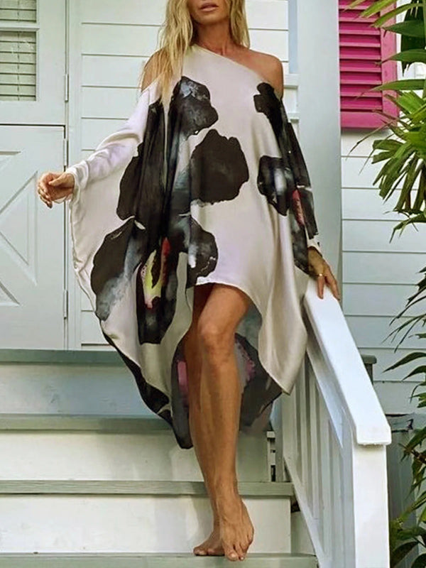 Olivia Bennet | Loose Flower Print Cold Shoulder High-Low Long Dress