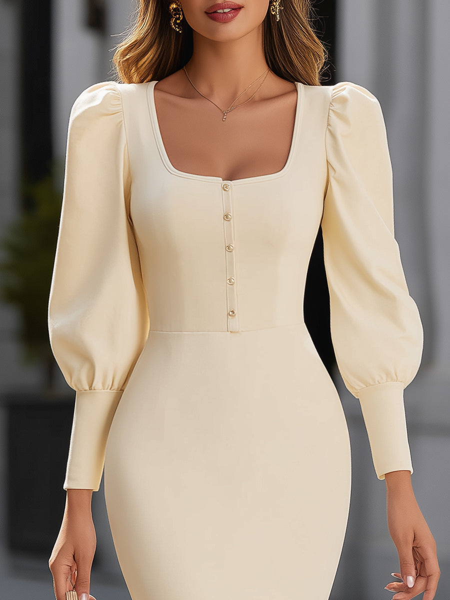 Olivia Bennet | Puff-Sleeve Button-Front Midi Dress