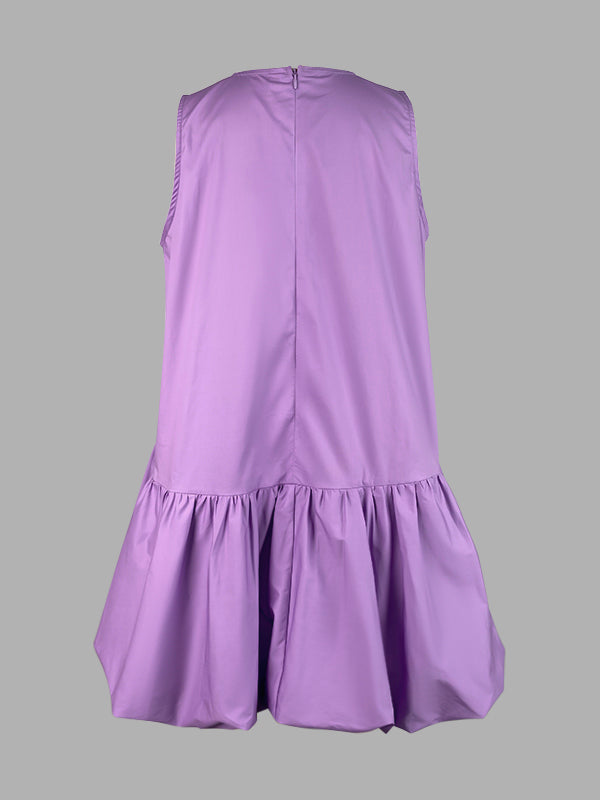 Olivia Bennet | High Waisted Loose Pleated Solid Color Round-Neck Mini Dresses