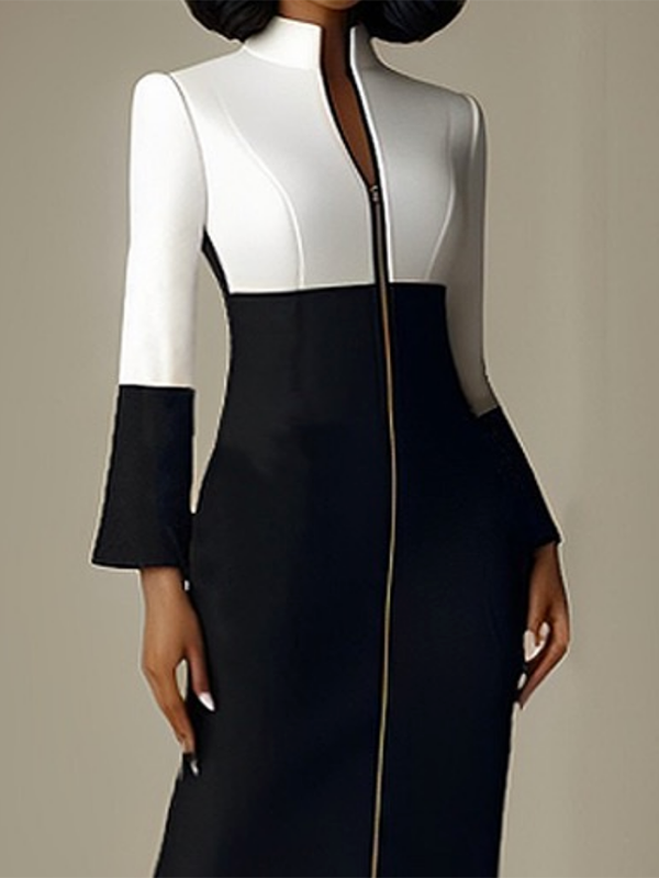 Olivia Bennet | Long Sleeves Contrast Color Split-Joint Zipper Stand Collar Midi Dresses