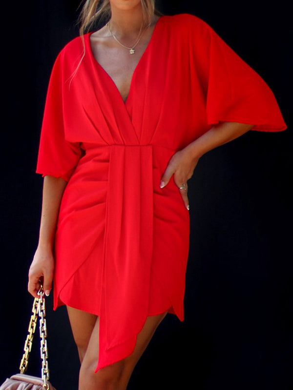 Olivia Bennet | Batwing Sleeves Skinny Pleated Solid Color Split-Joint V-Neck Mini Dresses