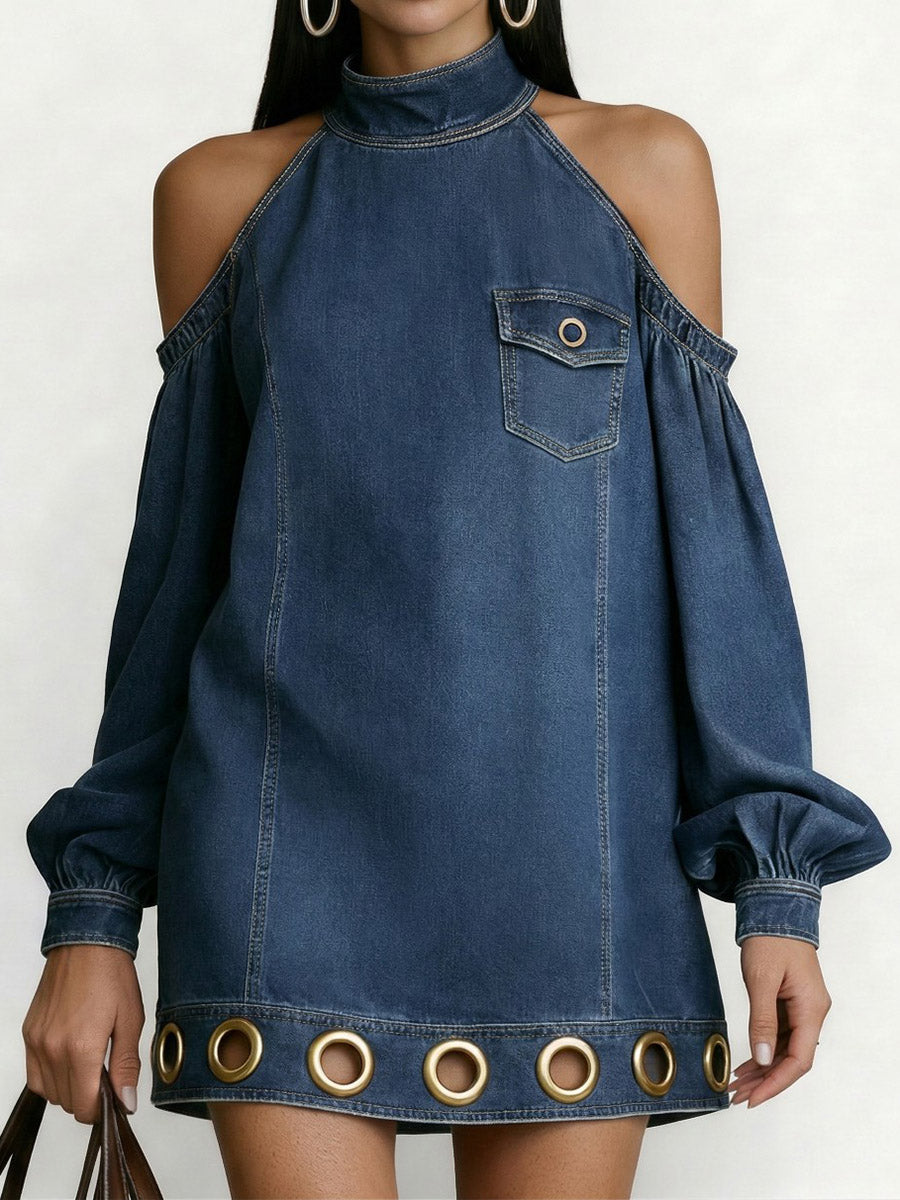 Olivia Bennet | Long Sleeves Loose Hollow Pockets Solid Color Split-Joint Cold Shoulder Mini Dresses