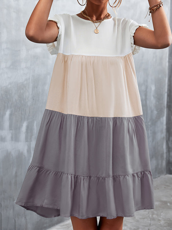 Olivia Bennet | Loose Ruffle Sleeves Contrast Color Falbala Pleated Split-Joint Round-Neck Mini Dresses