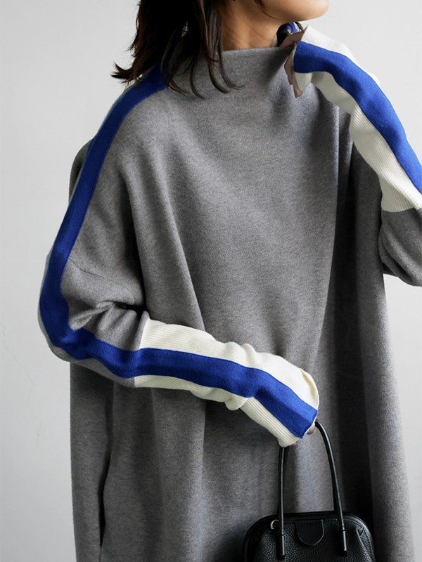 Olivia Bennet | Long Sleeves Loose Contrast Color Stand Collar Maxi Dresses