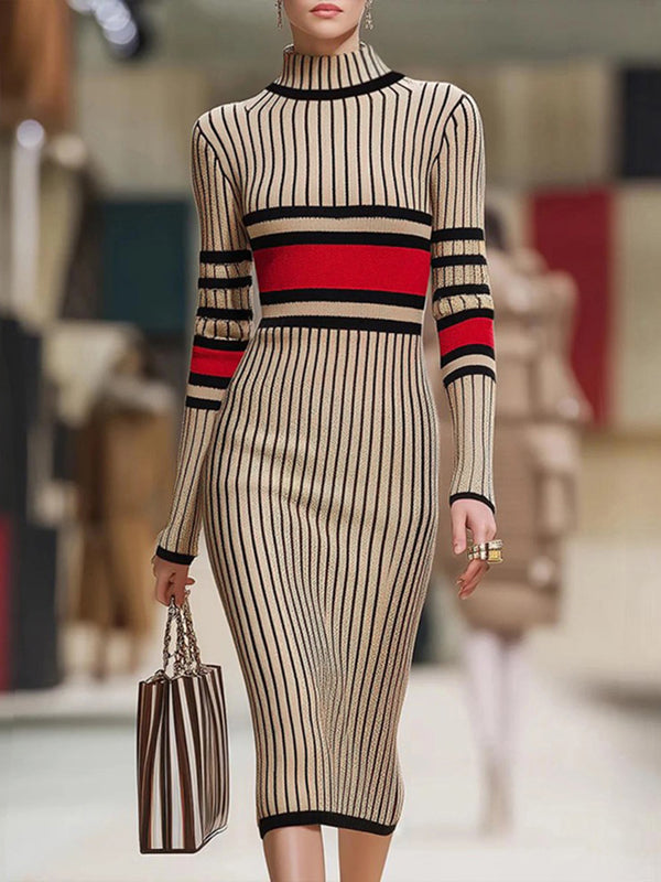 Olivia Bennet | Long Sleeves Skinny Contrast Color Striped High Neck Midi Dresses Sweater Dresses