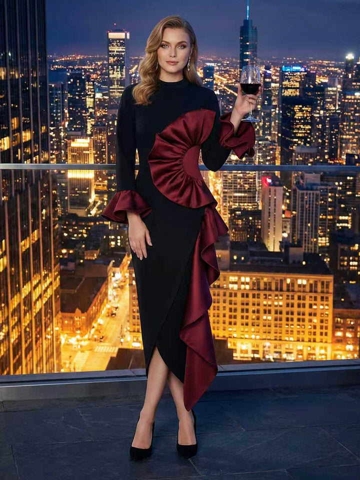 Olivia Bennet | Bodycon Flared Sleeves Asymmetric Contrast Color Ruffled Zipper Stand Collar Midi Dresses