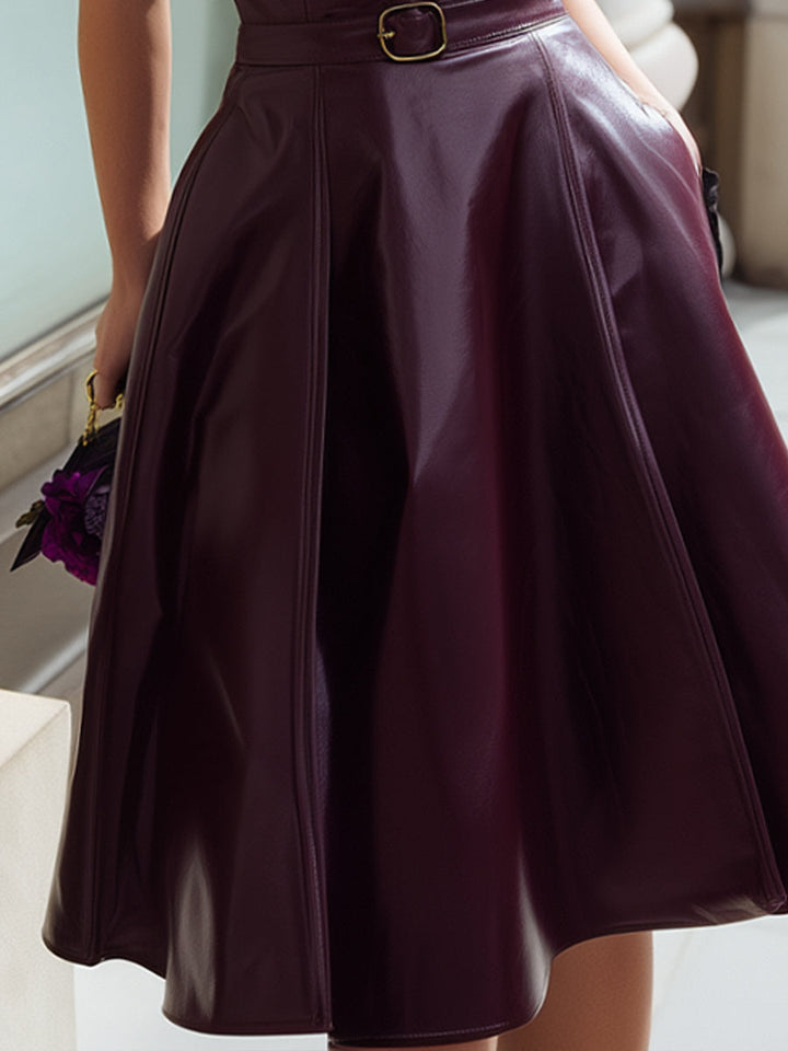 Olivia Bennet | White Button-Up, Wine-Red Leather Suspender Overlay Shirt Dress
