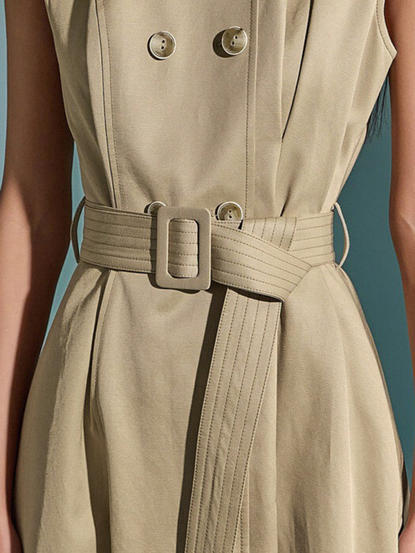 Olivia Bennet | A-Line High Waisted Belted Buttoned Pockets Solid Color Round-Neck Maxi Dresses