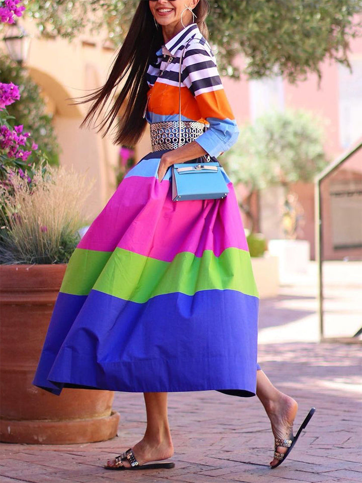 Olivia Bennet | Loose Three-Quarter Sleeves Buttoned Contrast Color Striped Lapel Collar Midi Dresses