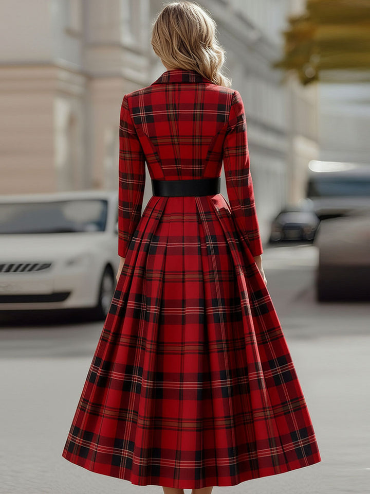 Olivia Bennet | Olivia Bennet Statement Red Plaid Trench Dress With Gold Buckle Belt