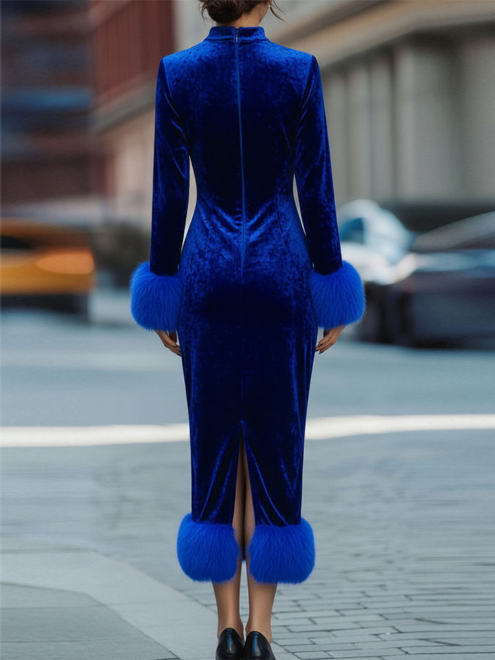 Olivia Bennet | Royal Blue Feather-Trim Velvet Dress