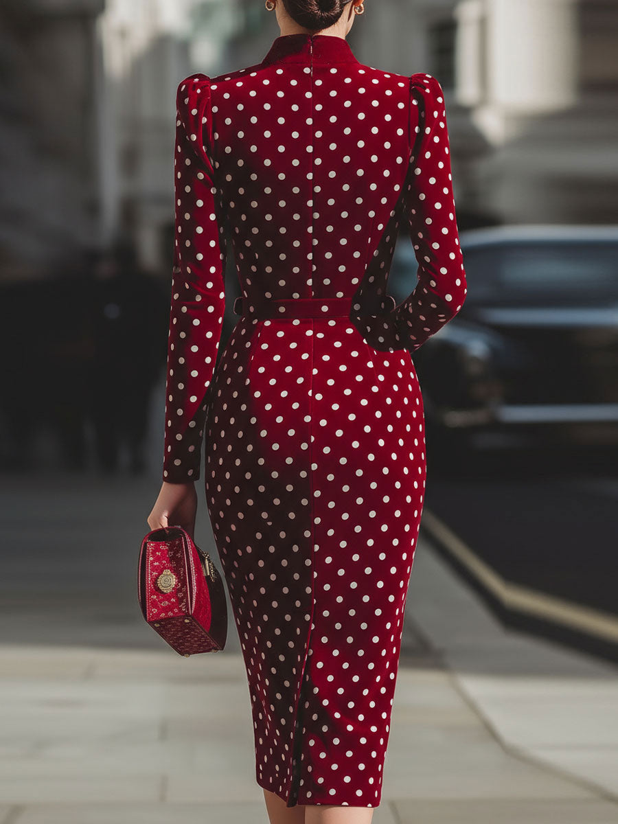 Olivia Bennet | Red Polka Dot Midi Velvet Dress