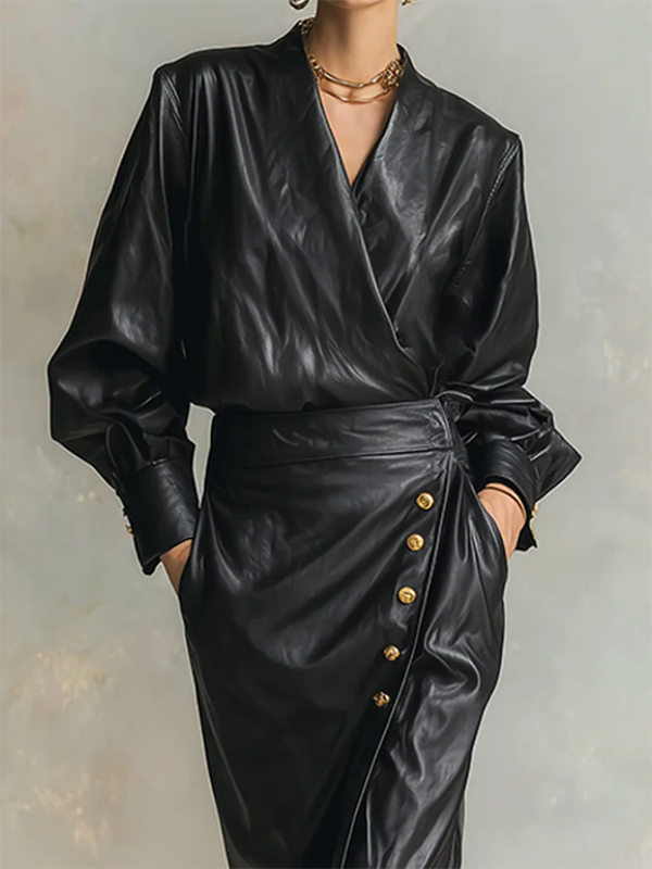 Olivia Bennet | Long Sleeves Puff Sleeves Buttoned Pleated Solid Color V-Neck Midi Dresses