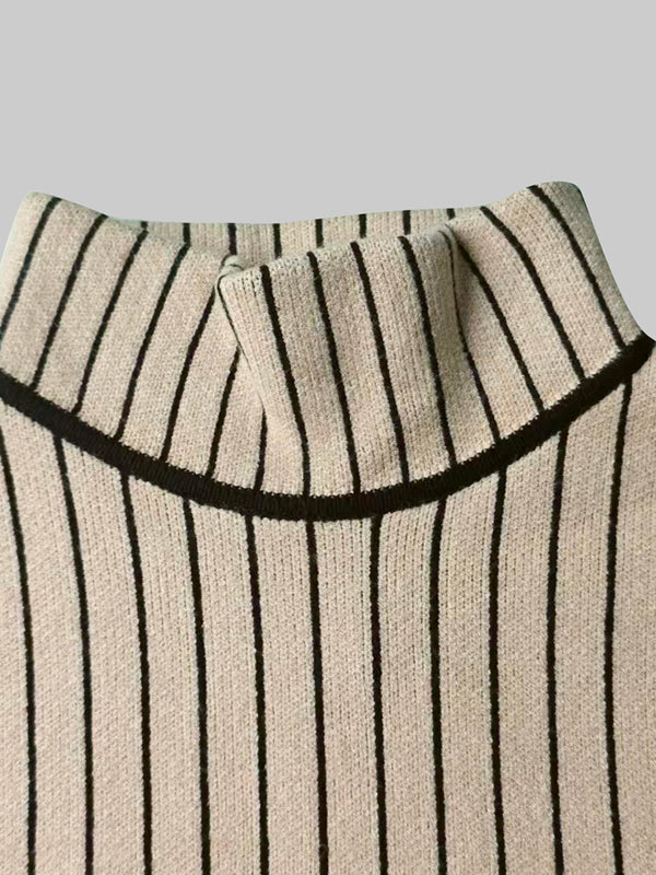 Olivia Bennet | Long Sleeves Skinny Contrast Color Striped High Neck Midi Dresses Sweater Dresses