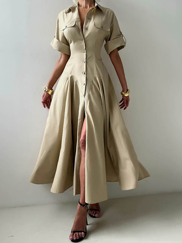 Olivia Bennet | Short Sleeves Buttoned Solid Color Lapel Maxi Dresses Shirt Dress