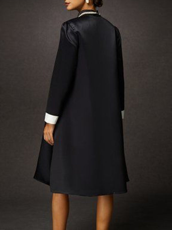 Olivia Bennet | A-Line Long Sleeves Contrast Color Floral Printed Split-Joint High Neck Midi Dresses
