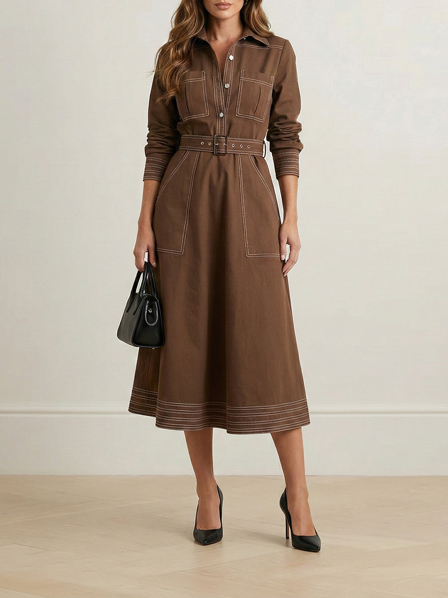 Olivia Bennet | Long Sleeves Loose Buttoned Elasticity Pockets Solid Color Lapel Maxi Dresses