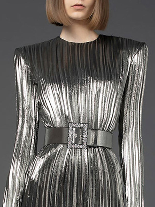 Olivia Bennet | A-Line Flared Sleeves Belted Pleated Solid Color Round-Neck Mini Dresses