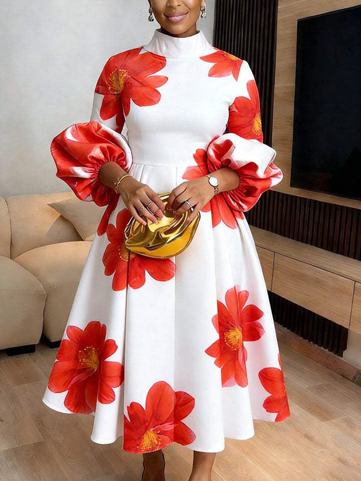 Olivia Bennet | High Waisted Long Sleeves Contrast Color Elasticity Flower Print Pleated Split-Joint Mock Neck Midi Dresses