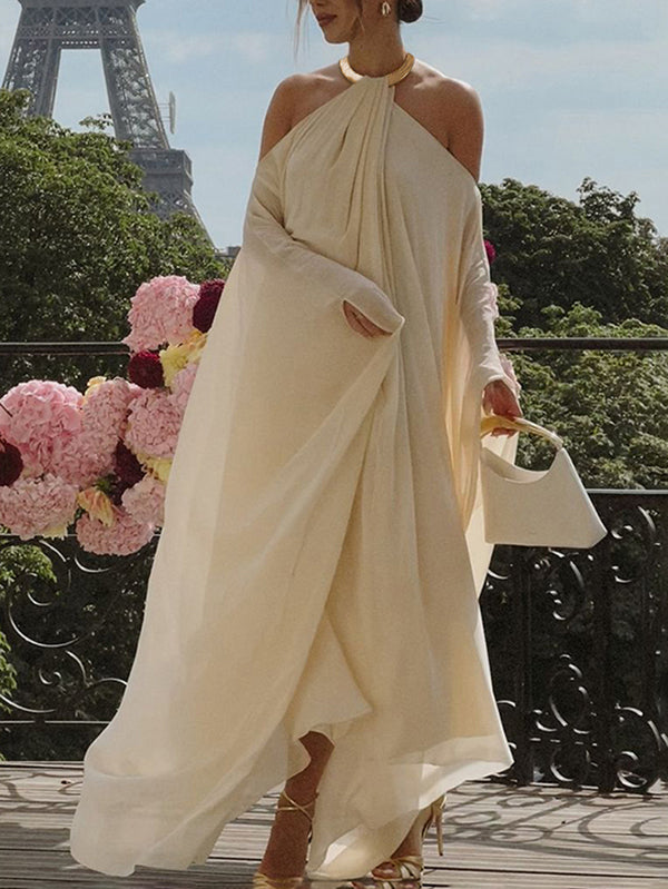 Olivia Bennet | Long Sleeves Loose Solid Color Halter-Neck Maxi Dresses