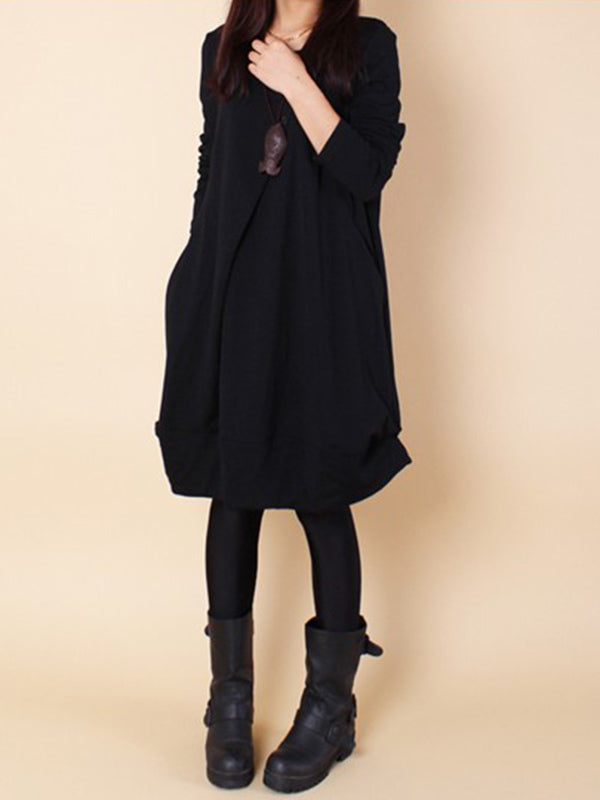Olivia Bennet | A-line Long Sleeves Pleated Solid Color Round-neck Dresses Maxi Dresses