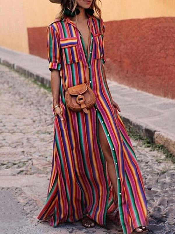 Olivia Bennet | Long Sleeves Loose Split-Joint Striped Lapel Maxi Dresses Shirt Dress