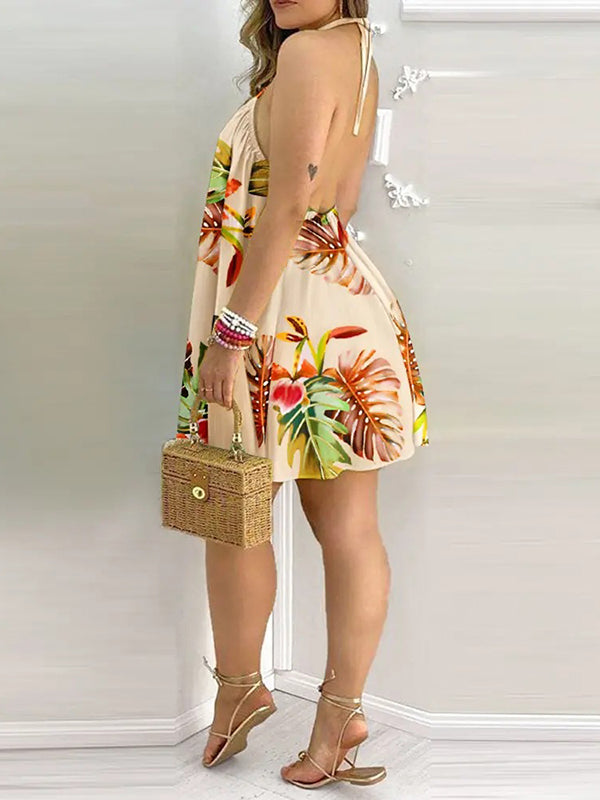Olivia Bennet | Loose Sleeveless Contrast Color Leaf Printed Halter-Neck Mini Dresses