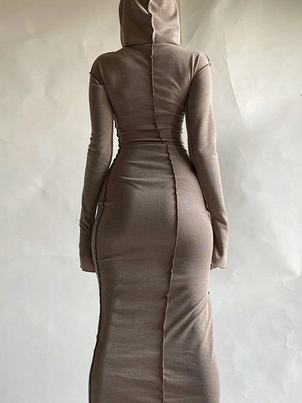 Olivia Bennet | Long Sleeves Plus Size Solid Color Split-Joint Hooded Maxi Dresses