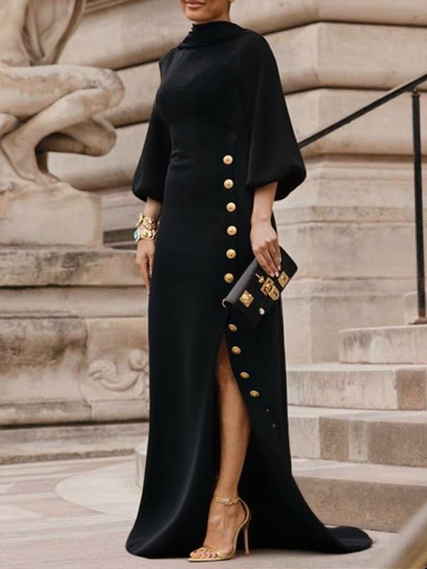 Olivia Bennet | Loose Puff Sleeves Buttoned Split-side Mock Neck Maxi Dresses