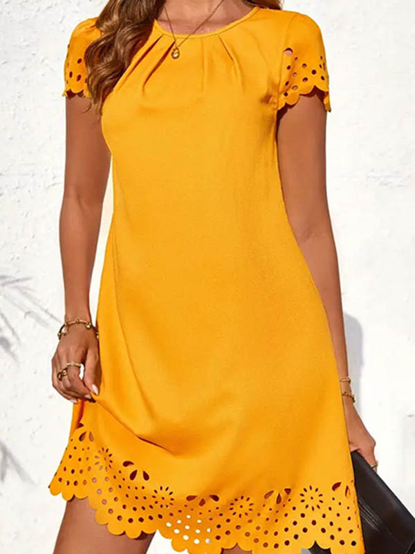 Olivia Bennet | Loose Short Sleeves Hollow Pleated Solid Color Split-Joint Round-Neck Mini Dresses