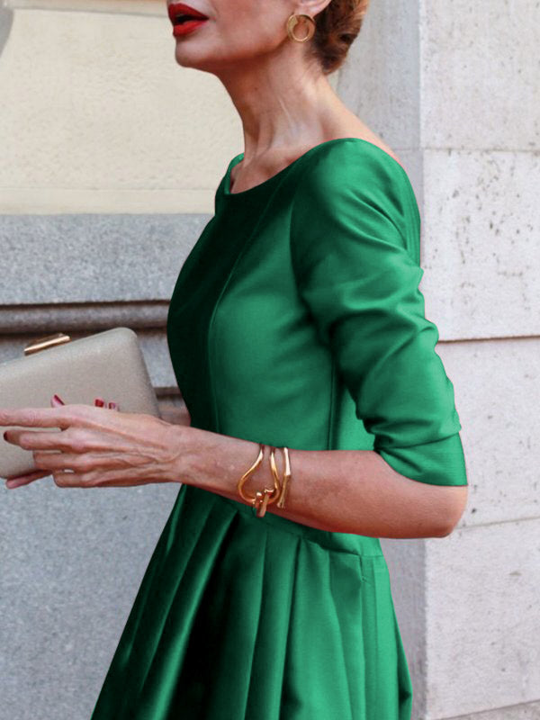 Olivia Bennet | A-Line Loose Pleated Pockets Solid Color Split-Joint Round-Neck Midi Dresses