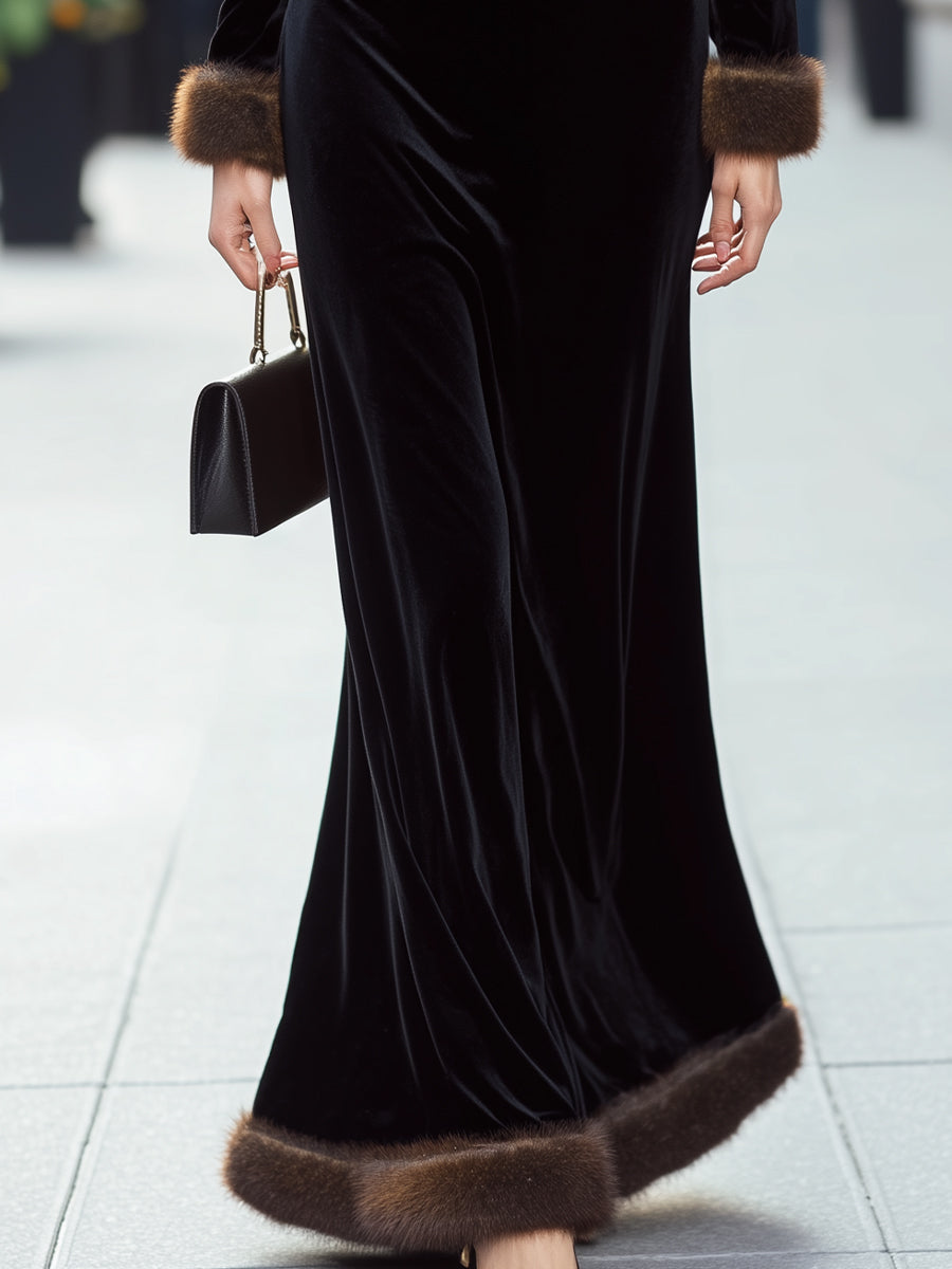Olivia Bennet | Black Faux-Fur Trim Velvet Gown