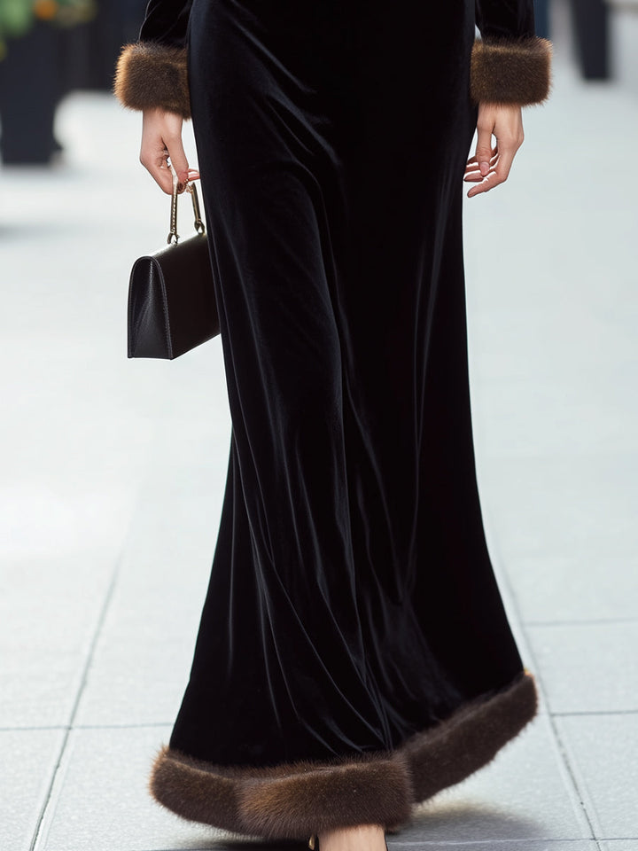 Olivia Bennet | Black Faux-Fur Trim Velvet Gown