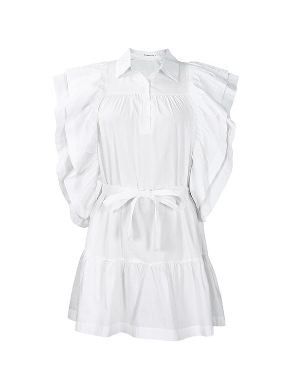 Olivia Bennet | A-Line High Waisted Buttoned Pleated Ruffled Solid Color Tied Waist Lapel Mini Dresses