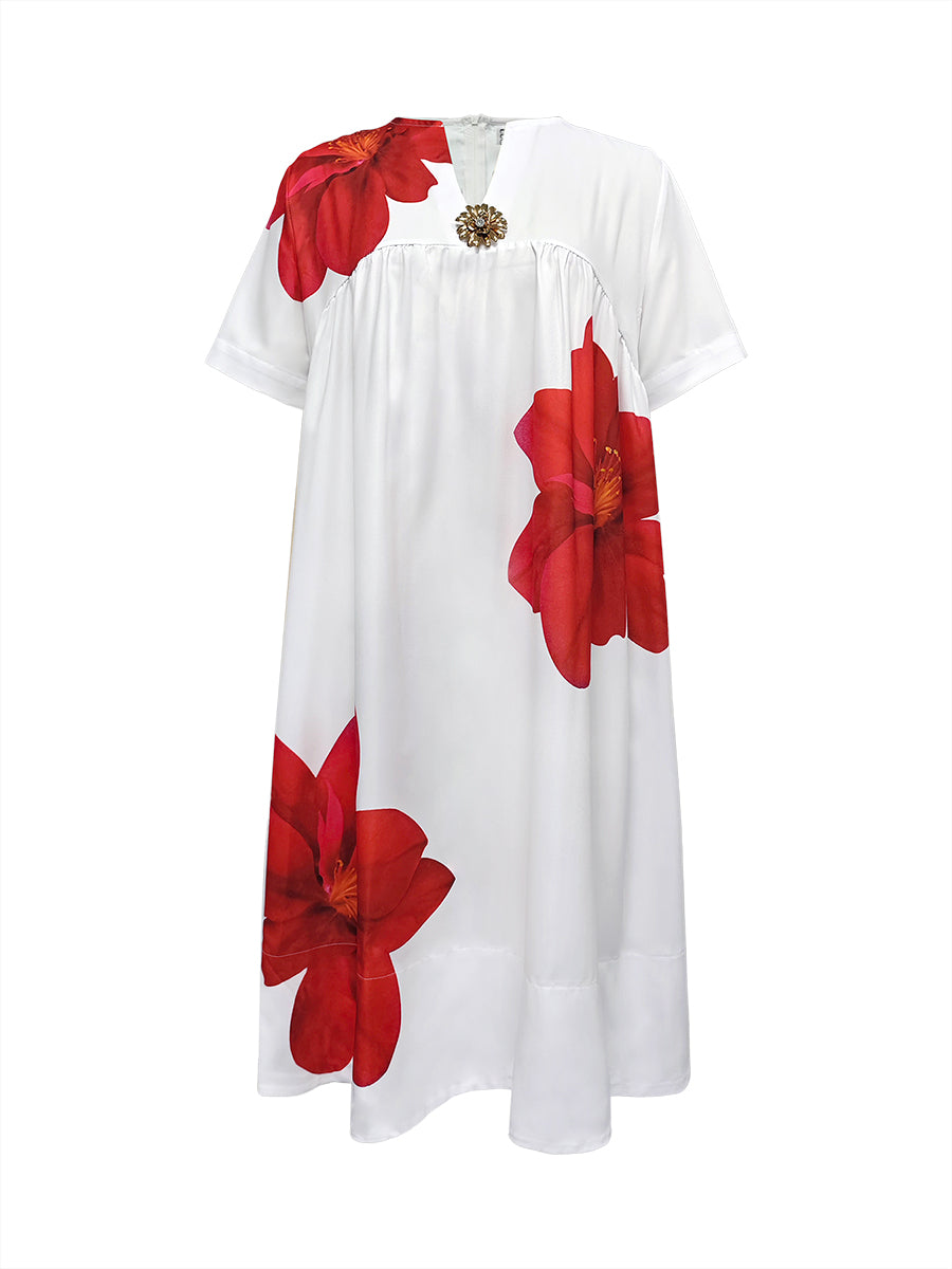 Olivia Bennet | A-Line Loose Flower Print Pleated V-Neck Midi Dresses