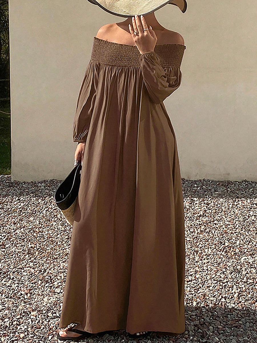 Olivia Bennet | Loose Puff Sleeves Elasticity Pleated Solid Color Off-The-Shoulder Maxi Dresses