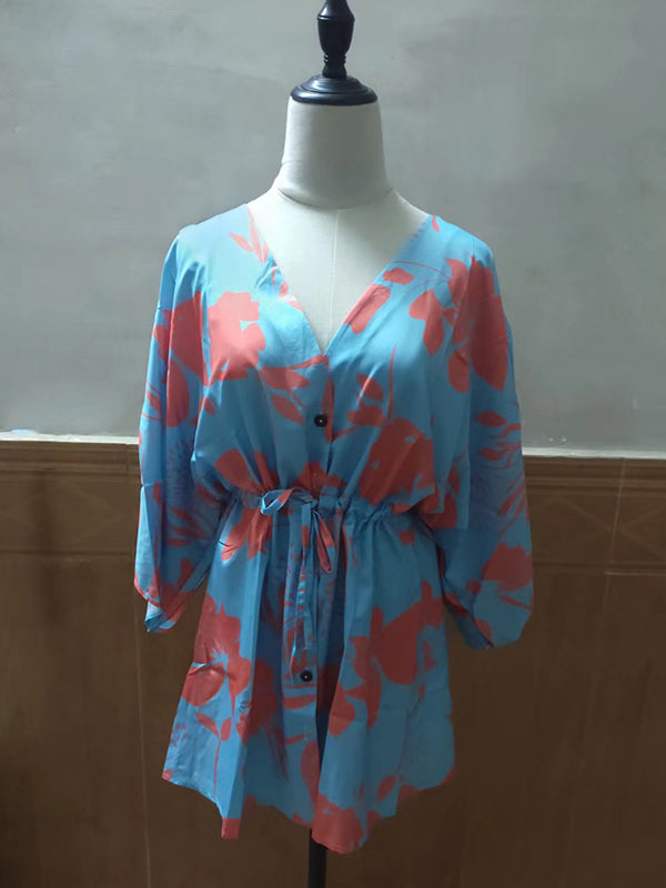 Olivia Bennet | Original Loose Floral Printed Contrast Color Tied Mini Shirt Dress